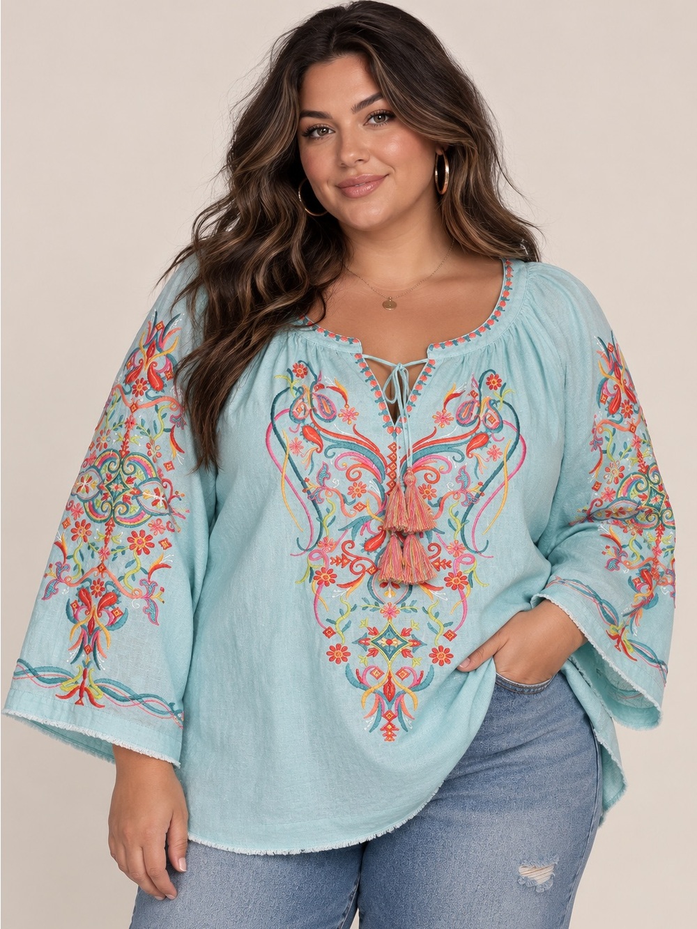John Mark Floral Embroidered 100% Linen 3/4 Sleeve Tassel Boho Tunic Blouse 2X